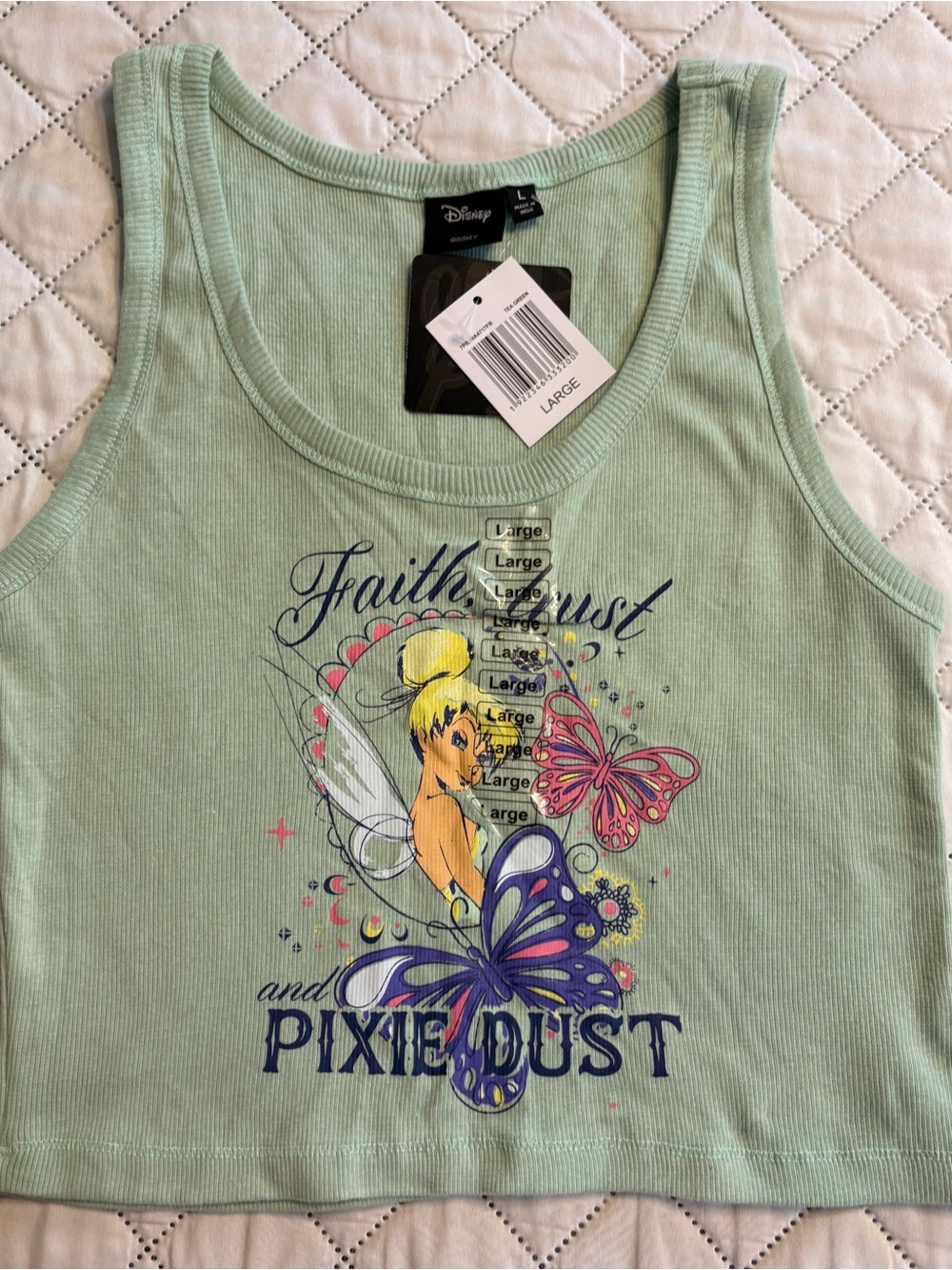 Disney Tinker Bell cropped tank top.
Child’s size L, but will fit women’s size S